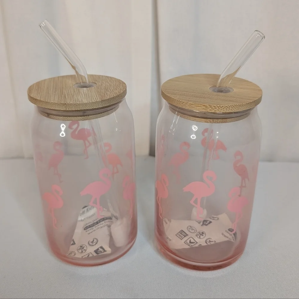Flamingo Glass Tumbler with Straw Set Of 2 16oz. Each NWOT